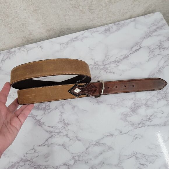 Nocona Men's Tan Top Hand Leather Western Belt with Concho Laced Billet - Picture 7 of 14